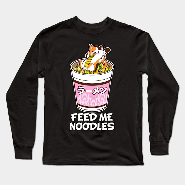 Feed Me Noodles - Cute Kitty In A Giant Cup Of Noodles - Ramen Lover Gifts, Noodle Lover Gifts, Dark Long Sleeve T-Shirt by PorcupineTees